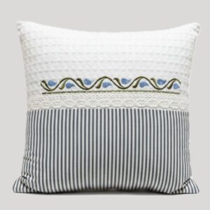White and navy blue cushion cover with geometrical embroidery